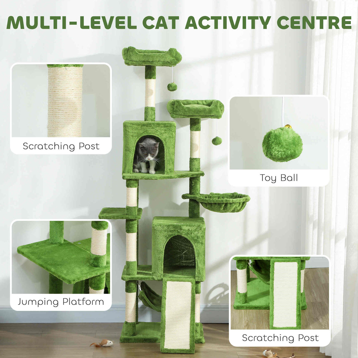 Cat Tree, 70" Multi-Level Cat Tower with 2 Condos, 2 Perches, Hammock, Toy Balls, Scratching Posts and Board, Dark Grey