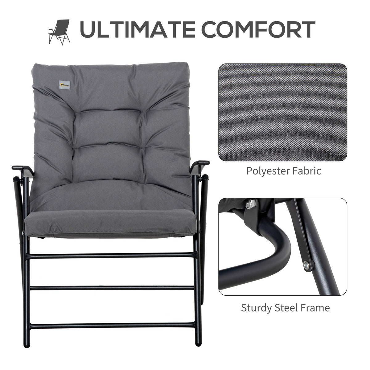Foldable Lounge Chair, Fabric Upholstered Recliner, Outdoor Lounger with Armrest, Metal Frame for Backyard, Black