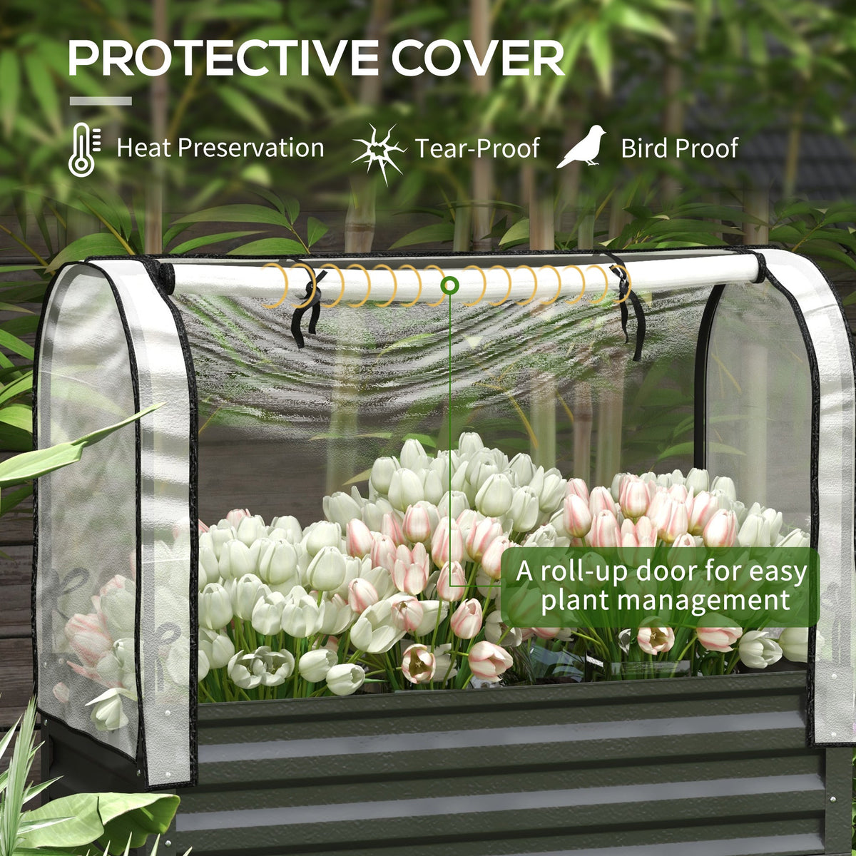 Raised Garden Bed with Cover, Metal Elevated Planter Box with Bottom Shelf and Liner, Black