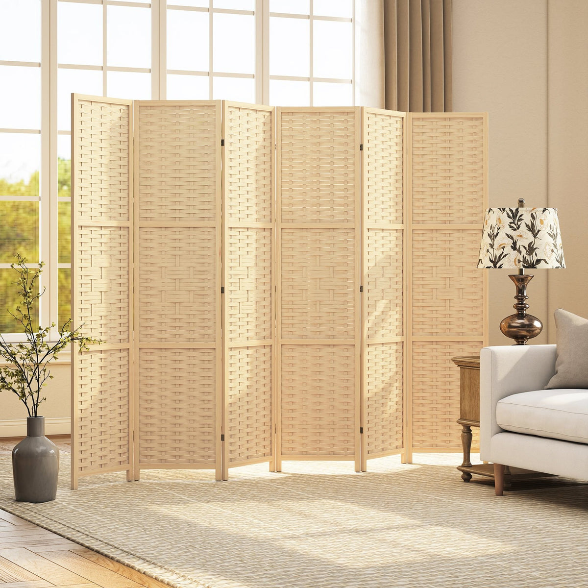 4-Panel Room Divider, 5.6 FT Bamboo Freestanding Folding Privacy Screen for Indoor Bedroom Office, Natural Wood