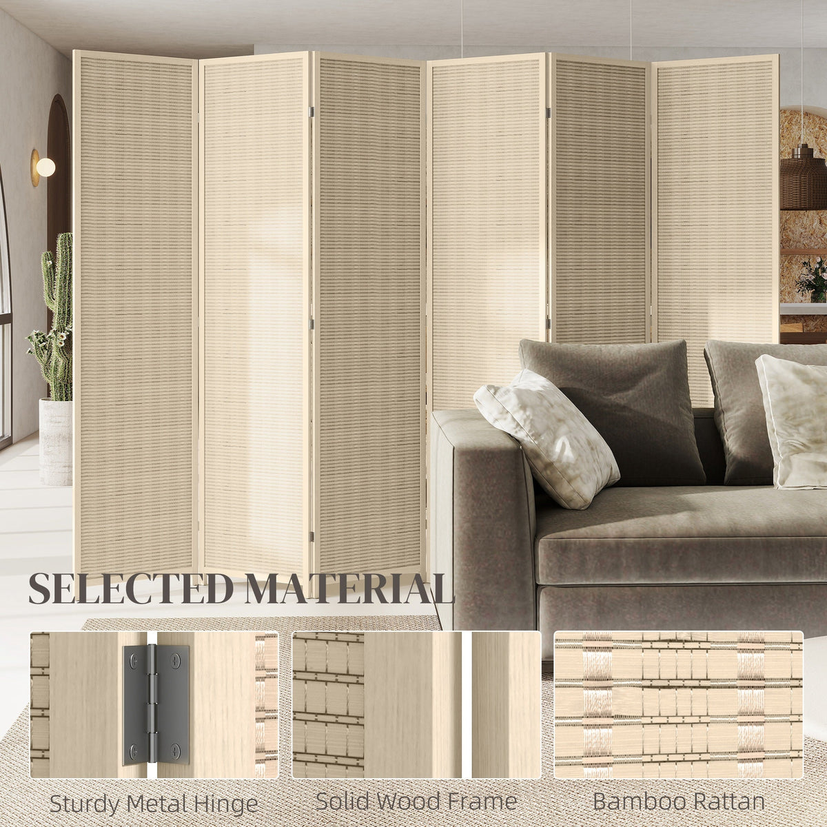 Woven Bamboo Room Divider, 4 Panel Folding Indoor Privacy Screens for Home Office, 71"x71"x0.6", Natural