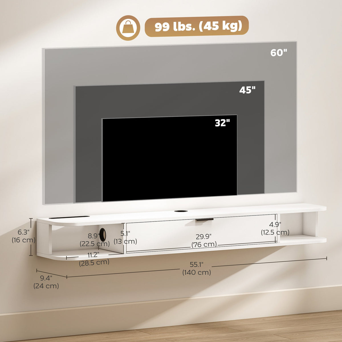 47" Floating TV Stand for TVs up to 50 Inch, Wall Mounted Media Console with Flip Drawer and 2 Open Shelves, Walnut