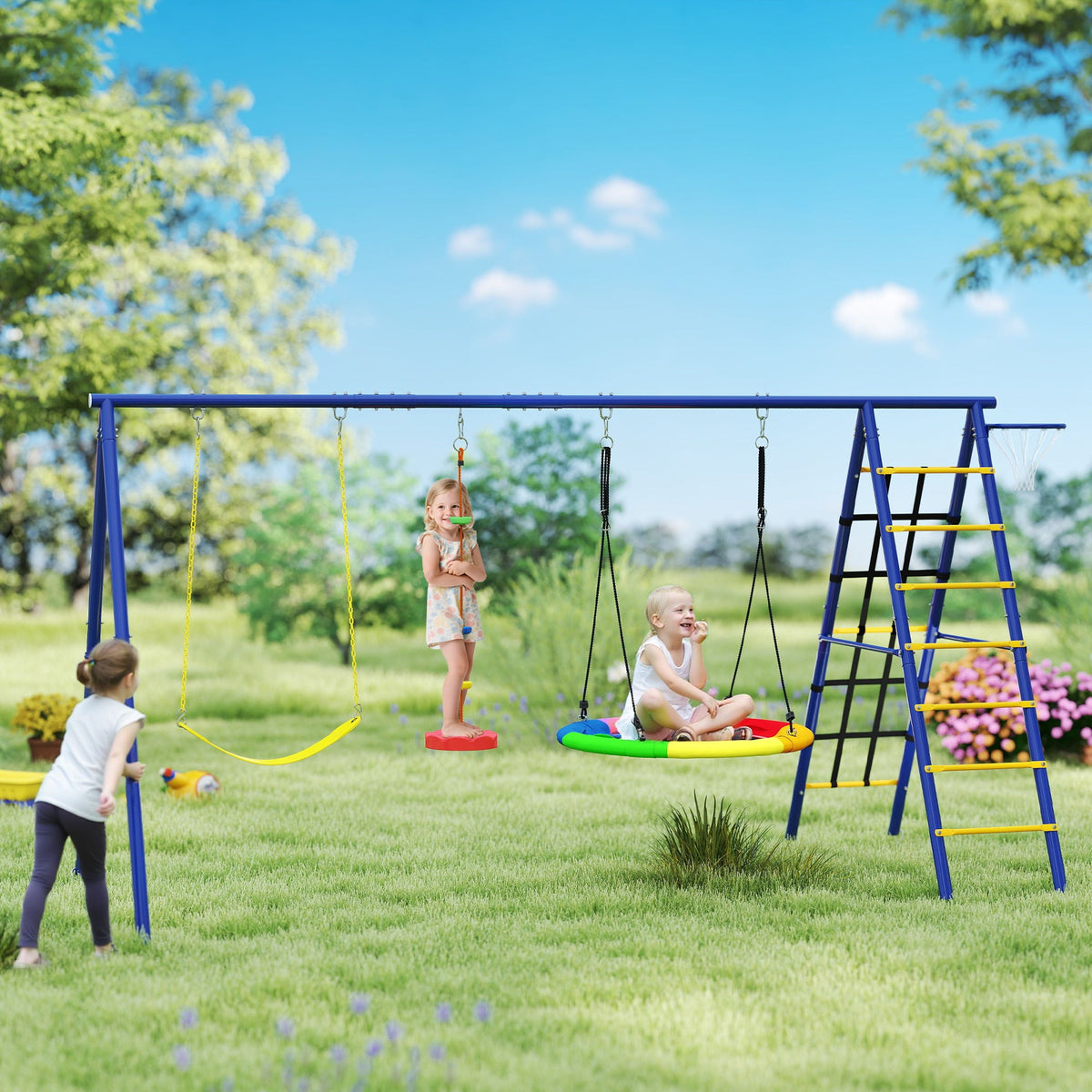 6 in 1 Kids Swing Set with 1 Saucer Swing, 1 Belt Swing, 1 Disc Rope Swing, Climbing Ladder and Net, Basketball Hoop