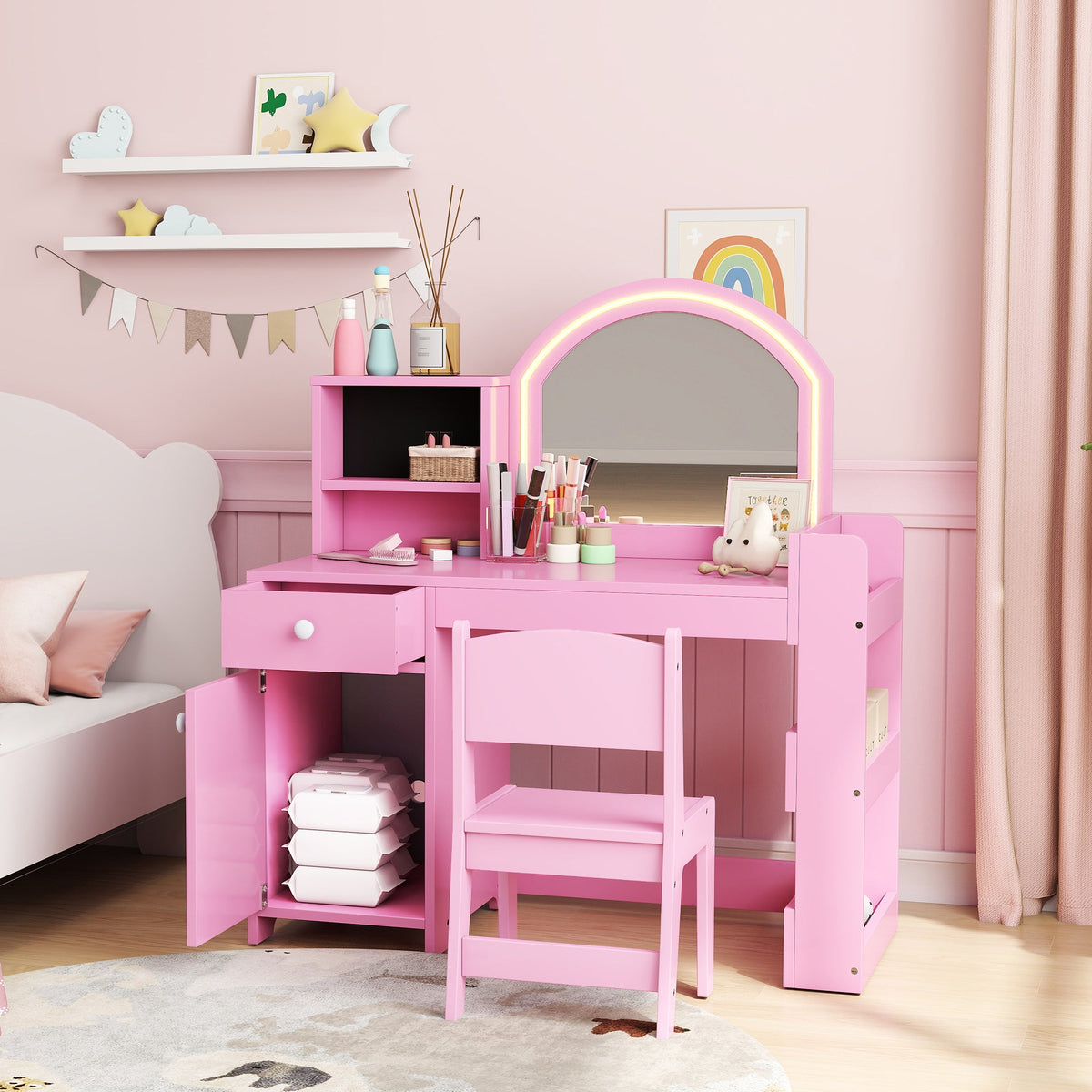 Kids Vanity Set, Toddler Dressing Table and Chair Set with Lighted Mirror, Cabinet, Drawer and Shelves, Pink