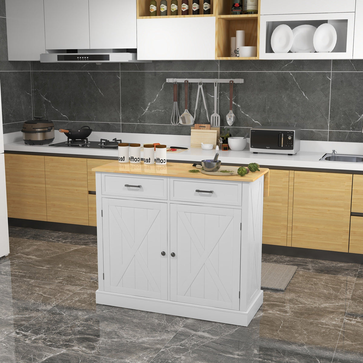 Kitchen Island with Drop Leaf, Rolling Kitchen Cart with 2 Drawers, Adjustable Shelves and Wood Countertop, Black