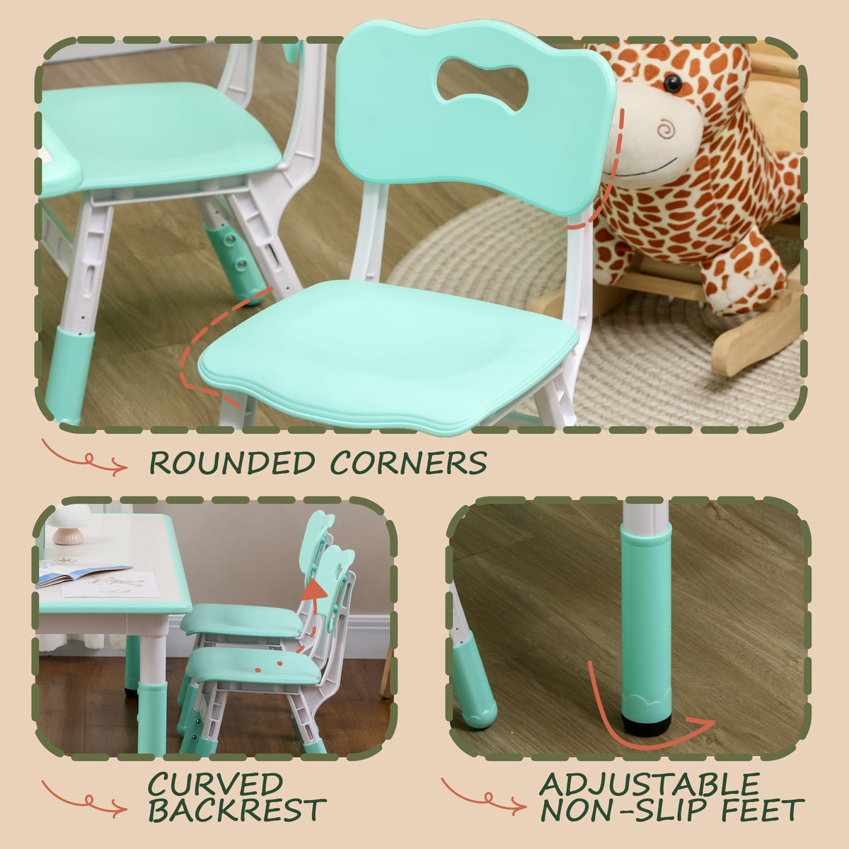 Kids Table and Chair Set with 4 Chairs, Adjustable Height, Easy to Clean, for 1.5 - 8 Years Old, Green