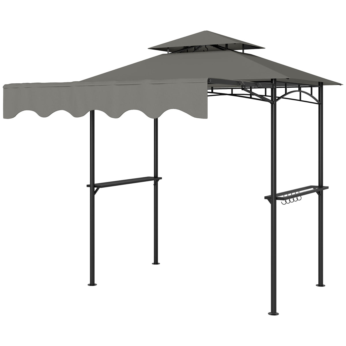 8' x 7.6' Grill Gazebo, Double Tiered Barbecue Grill Gazebo Shelter w/ Side Awning, 2 Side Shelves, 6 Hooks, Beige