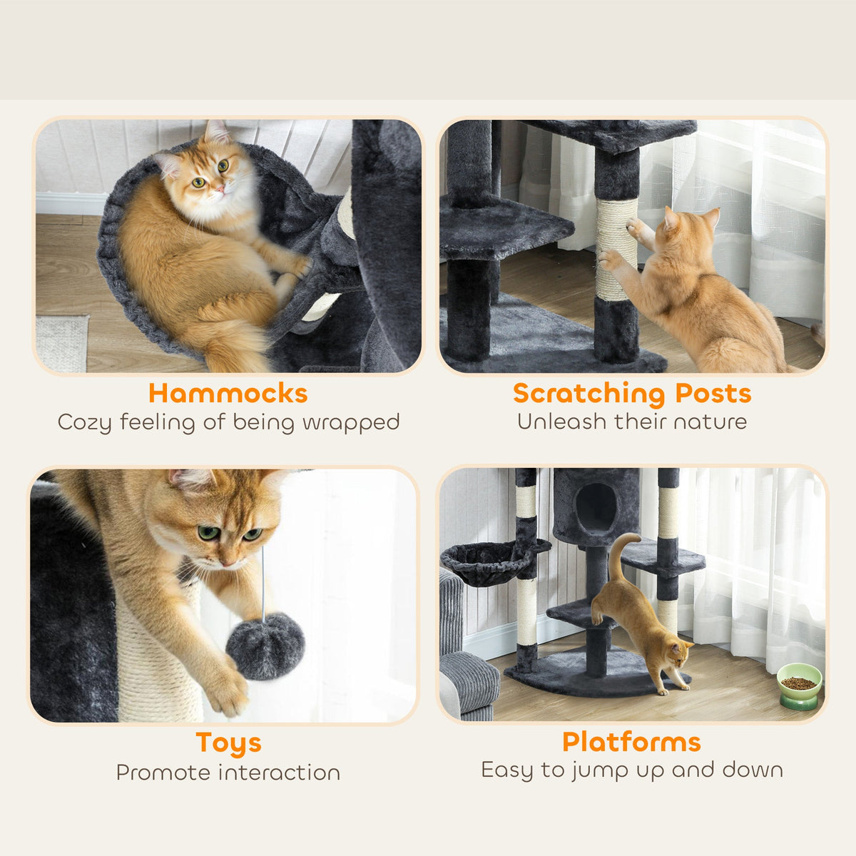 62" Cat Tree with Scratching Post, 2 Condos, Hammock, Perches, Plush, Pompoms, for Indoor Cats, Beige