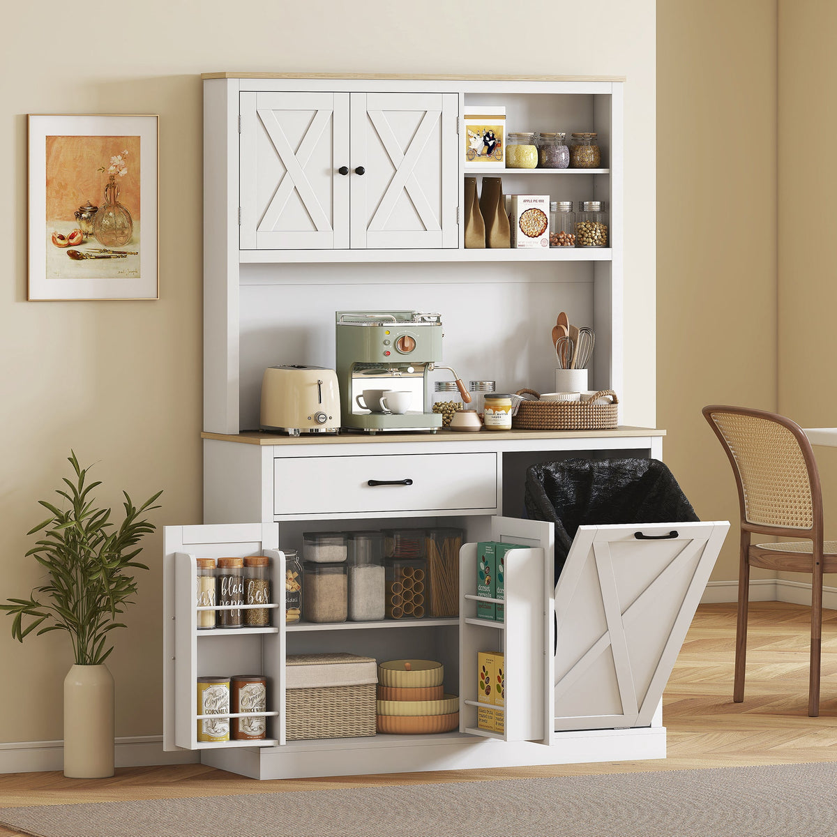 69" Pantry Cabinet with Charging Station, Kitchen Cabinet with Microwave Stand, Tilt-Out Trash Can Cabinet, Black