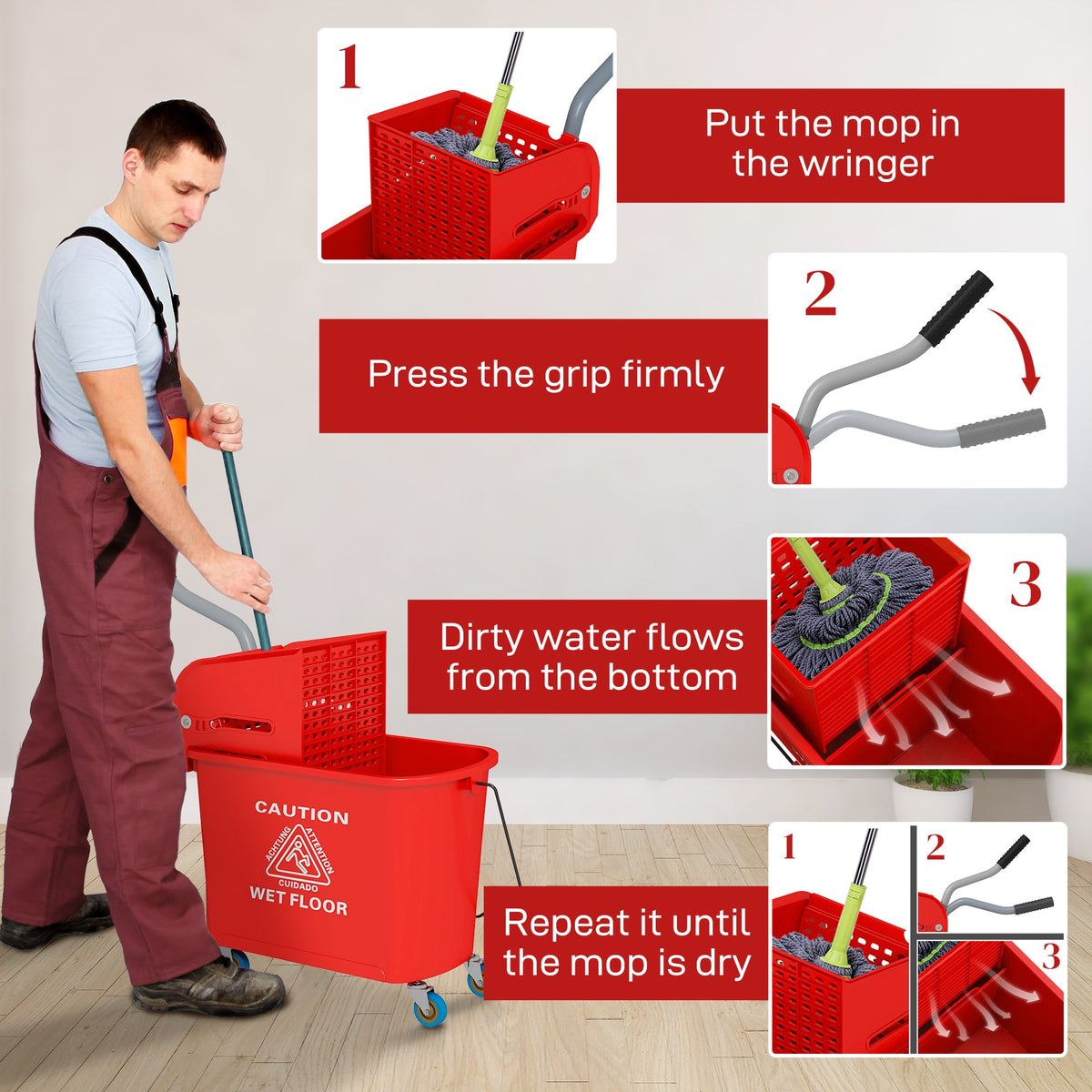Compact Mop Bucket with Wringer, Mop Bucket on Wheels, 5 Gallon, Separate Dirty and Clean Water, Yellow
