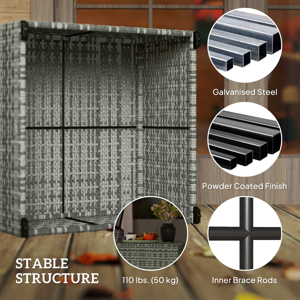 24.4" Patio Wicker Coffee Table, PE Rattan Outdoor Side Table with Tempered Glass Top, Black