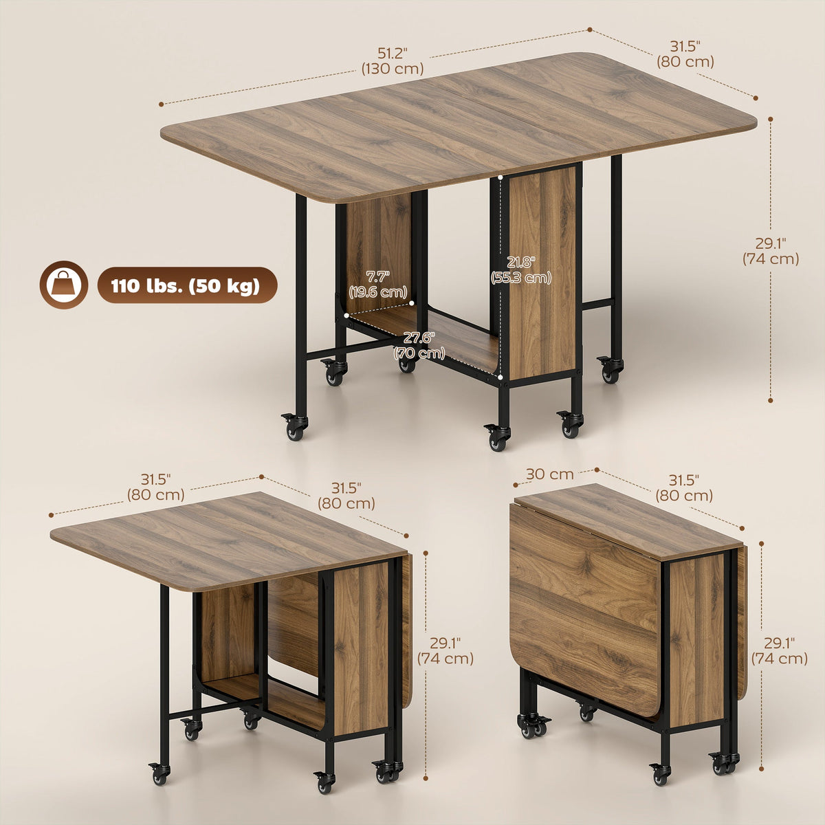 Folding Dining Table, Extendable Kitchen Table for Small Spaces with Storage Shelf and 6 Wheels, Distressed Grey
