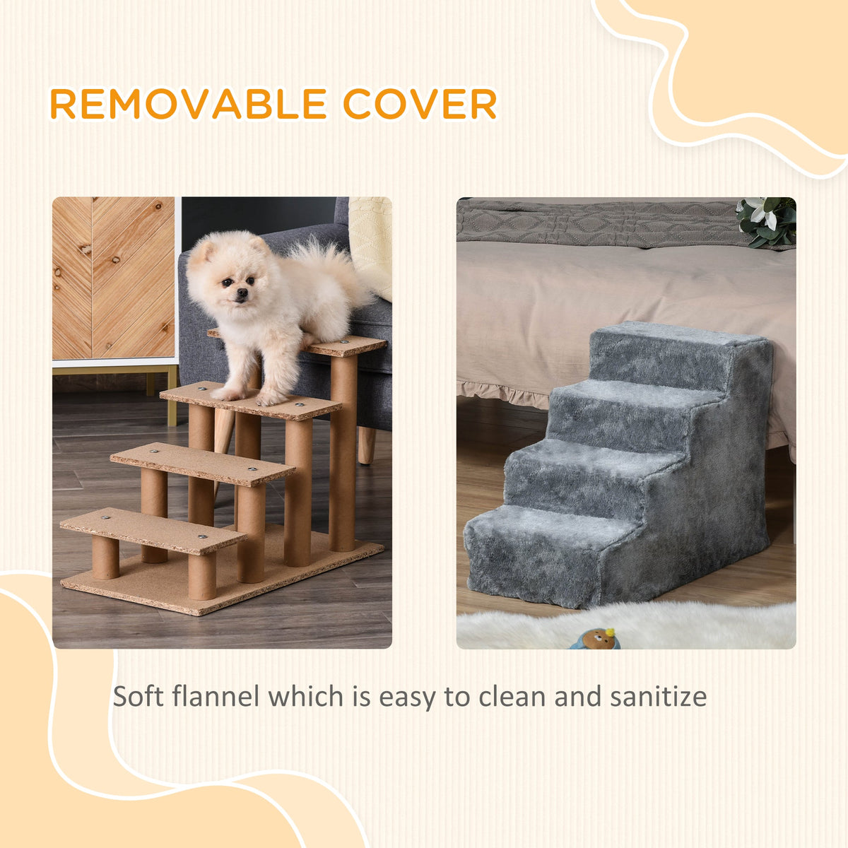 4-Step Dog Ramp for Sofa, Bed, and Couch, with Removable Cover, Light Grey
