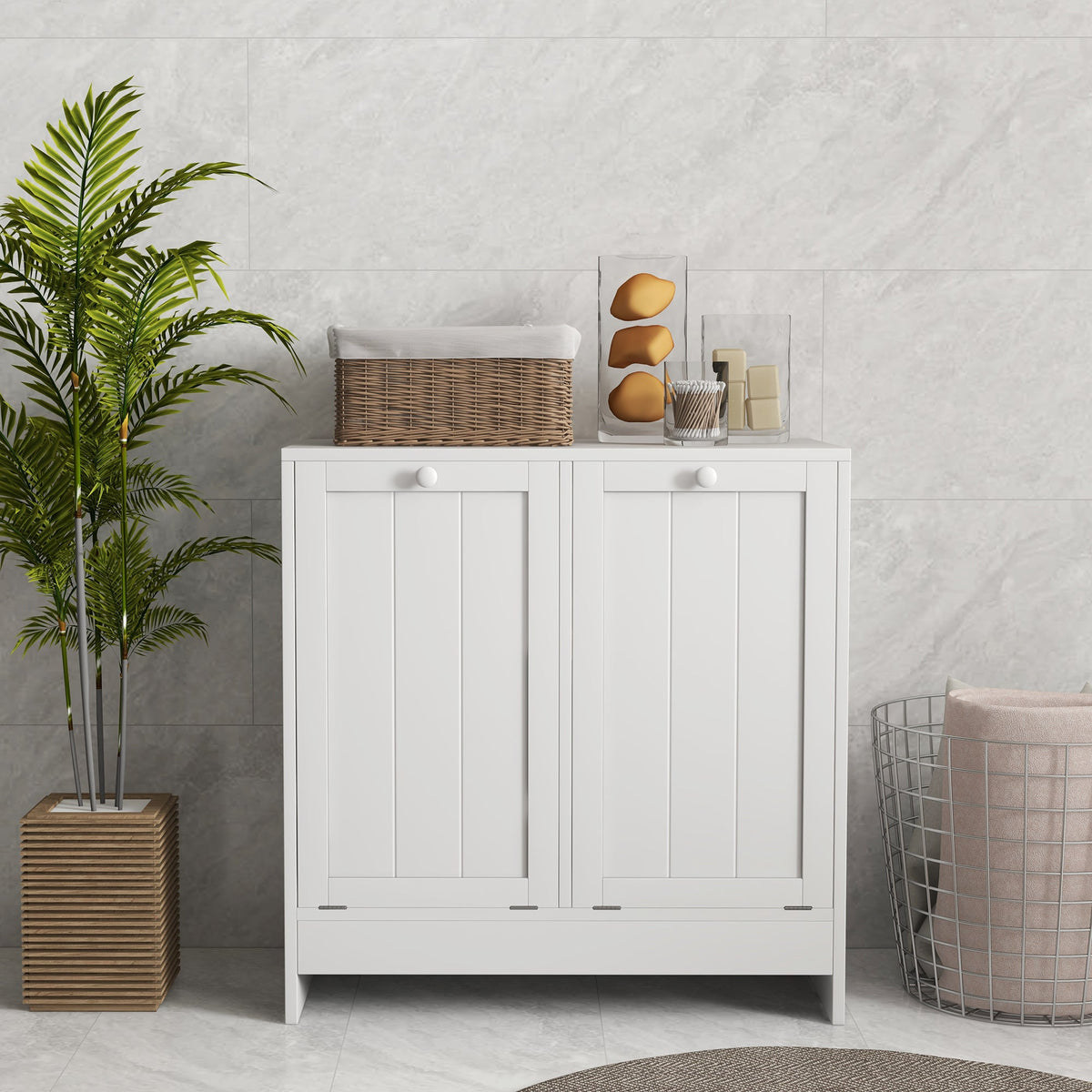 Tilt-Out Laundry Storage Cabinet, Modern Laundry Hamper with 2 Compartments for Bathroom Washroom, Black