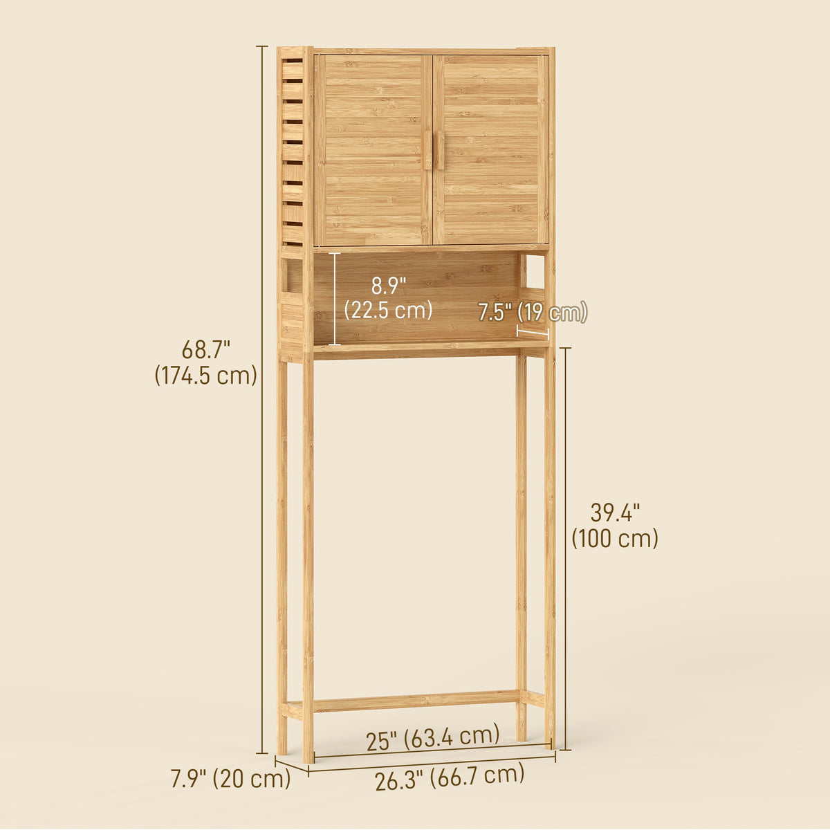 Over the Toilet Cabinet, Bathroom Organizer with 2 Doors, Open Compartment and Adjustable Shelf, Natural Wood Finish