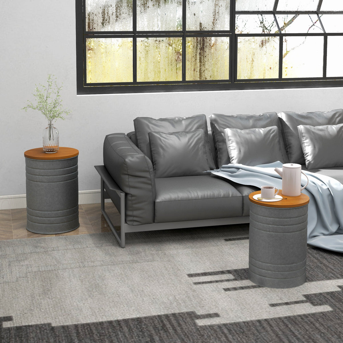 Round Side Table Set of 2, Nesting Coffee Tables w/ Wooden Lid, Metal Frame and Hidden Storage Space for Bedroom, Black