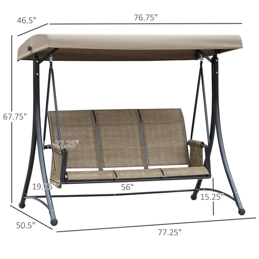 3 Person Porch Swing Outdoor Swing Chair with High Back Design, Side Pouches and Adjustable Canopy, Brown