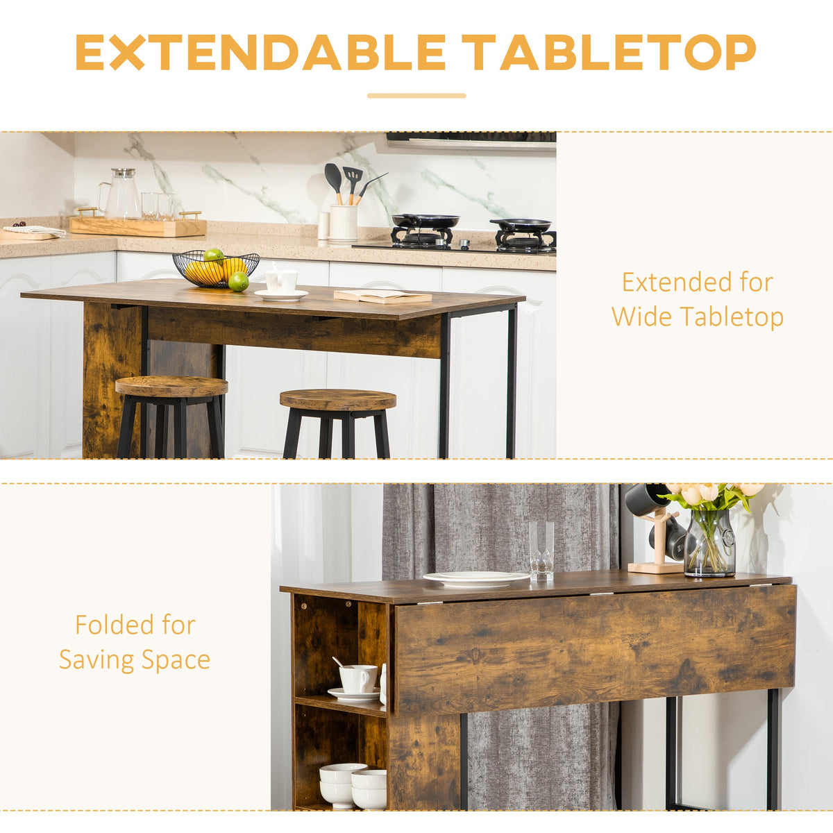Counter Height Table with Drop Leaf, Extendable Bar Table with Adjustable Storage Shelf, Light Grey