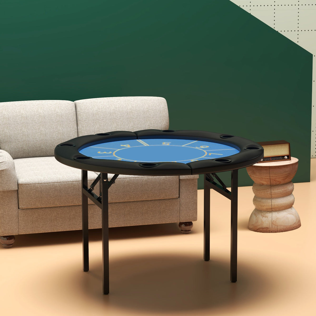 Foldable Poker Table Blackjack Texas Holdem Poker Game Table with Cup Holders, 47" Round, Black