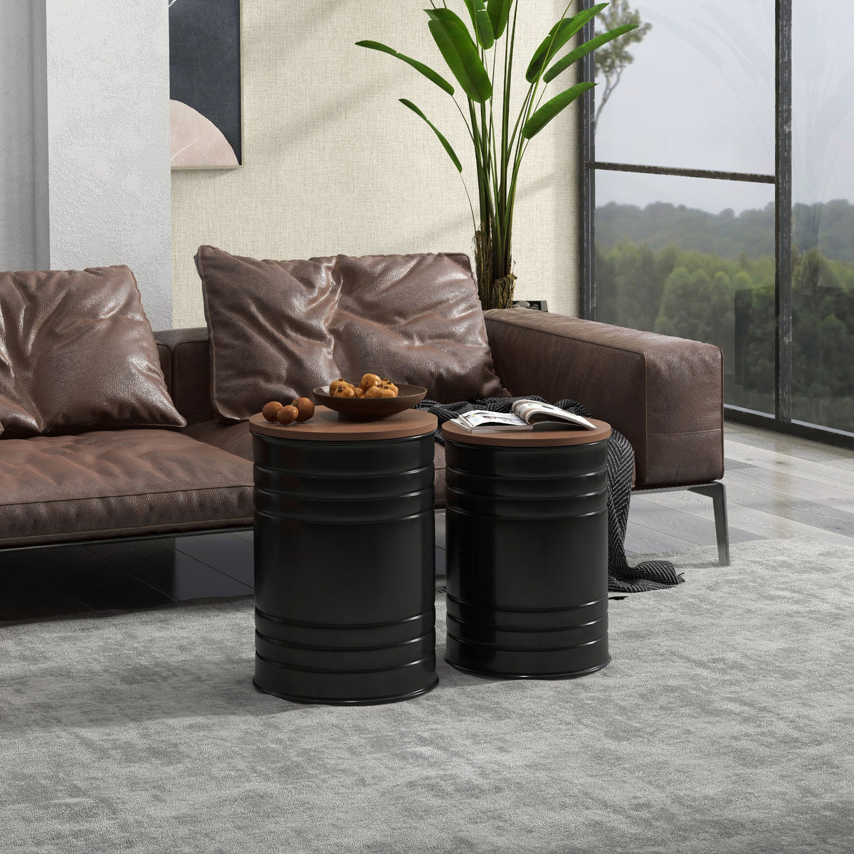 Round Side Table Set of 2, Nesting Coffee Tables w/ Wooden Lid, Metal Frame and Hidden Storage Space for Bedroom, Black
