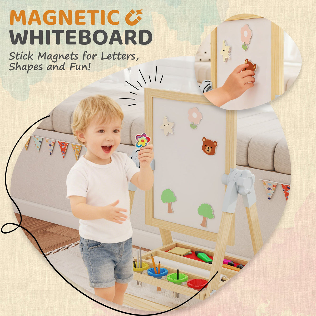 Wooden Art Easel, Double Sided Kids Easel with Height Adjustable Chalkboard and Magnetic Whiteboard, Natural