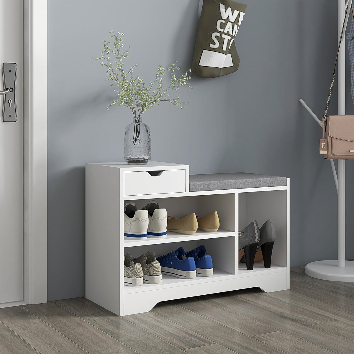Upholstered Shoe Storage Bench, Hallway Shoe Storage with Seat, Drawer, 3 Open Shelves for Entryway, Grey
