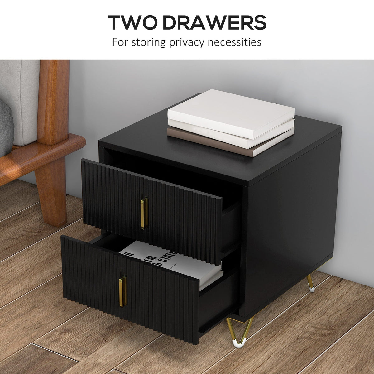 Bedside Table, Modern Nightstand with 2 Drawers, Side End Table with Metal Legs for Living Room, Bedroom, White