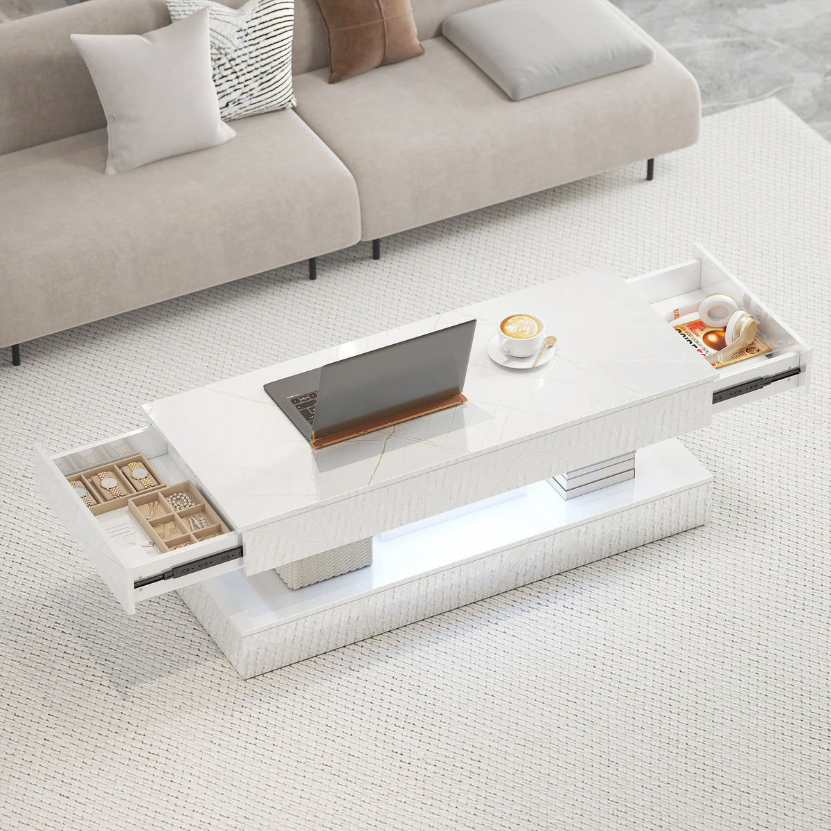Coffee Table with Adjustable LED Lights, Modern Living Room Table with 2 Drawers, Open Shelf, Remote, High Gloss White