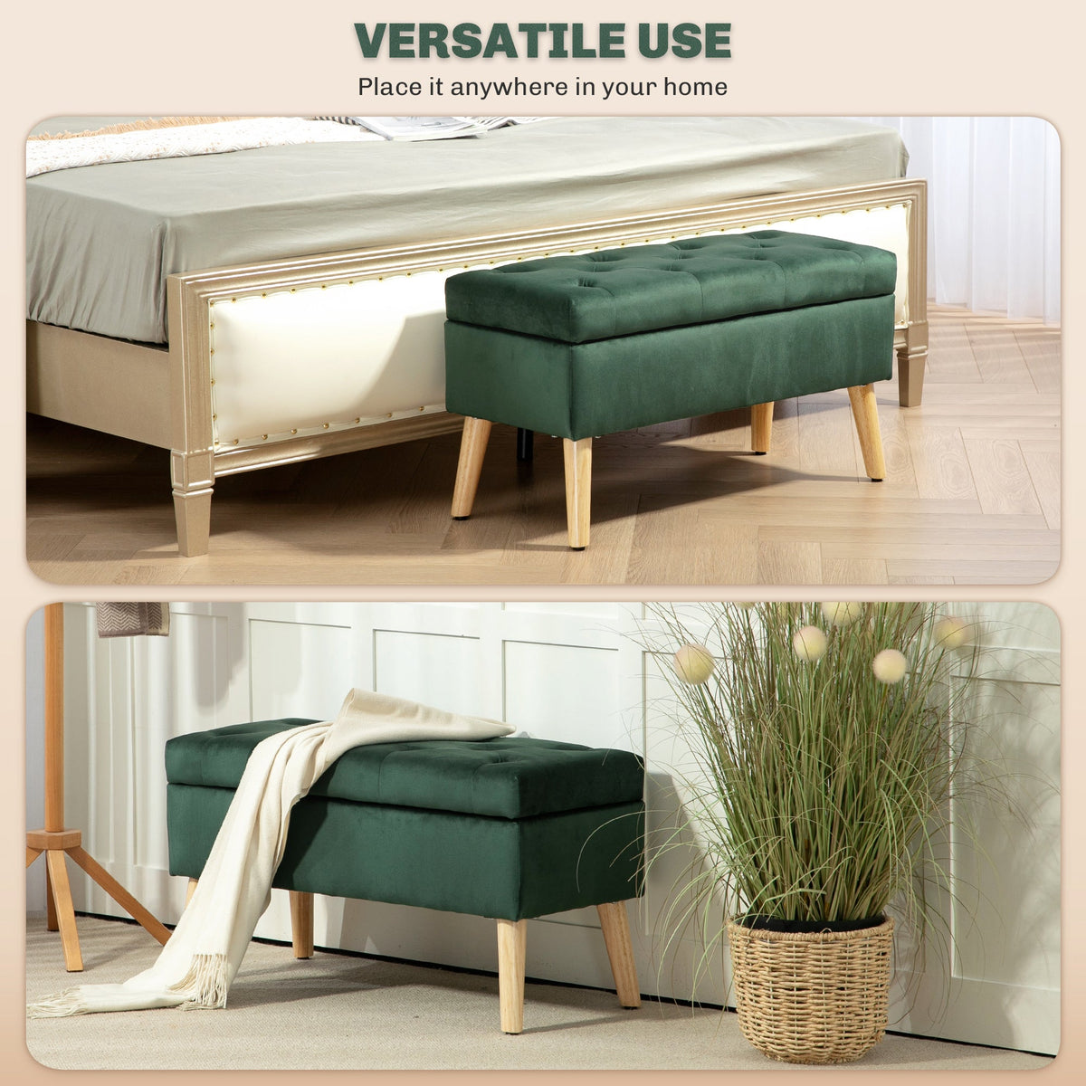 Storage Ottoman with Lid, Velvet Upholstered Storage Bench with Wood Legs for Living Room, Black