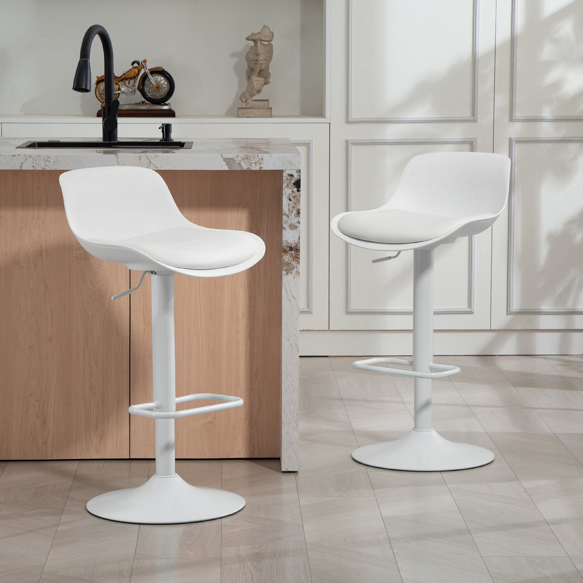 Counter Height Bar Stools Set of 2, Streamlined Bar Chairs with Adjustable Height and Swivel PU Leather Seat, Black