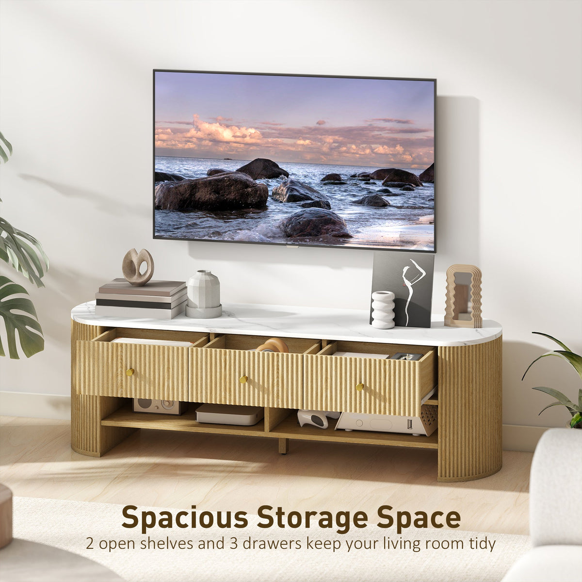 TV Stand, Modern TV Table with Marble-Effect Top, 3 Drawers and 2 Open Shelves for 32-65 Inch Television, Natural