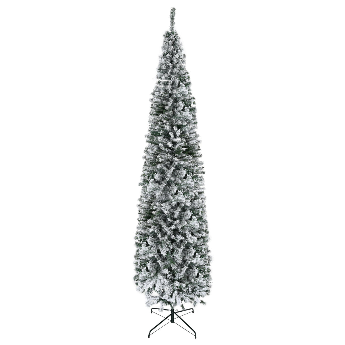 6ft Flocked Christmas Tree, Pencil Christmas Tree with Realistic Branch Tips, Folding Metal Stand, Green