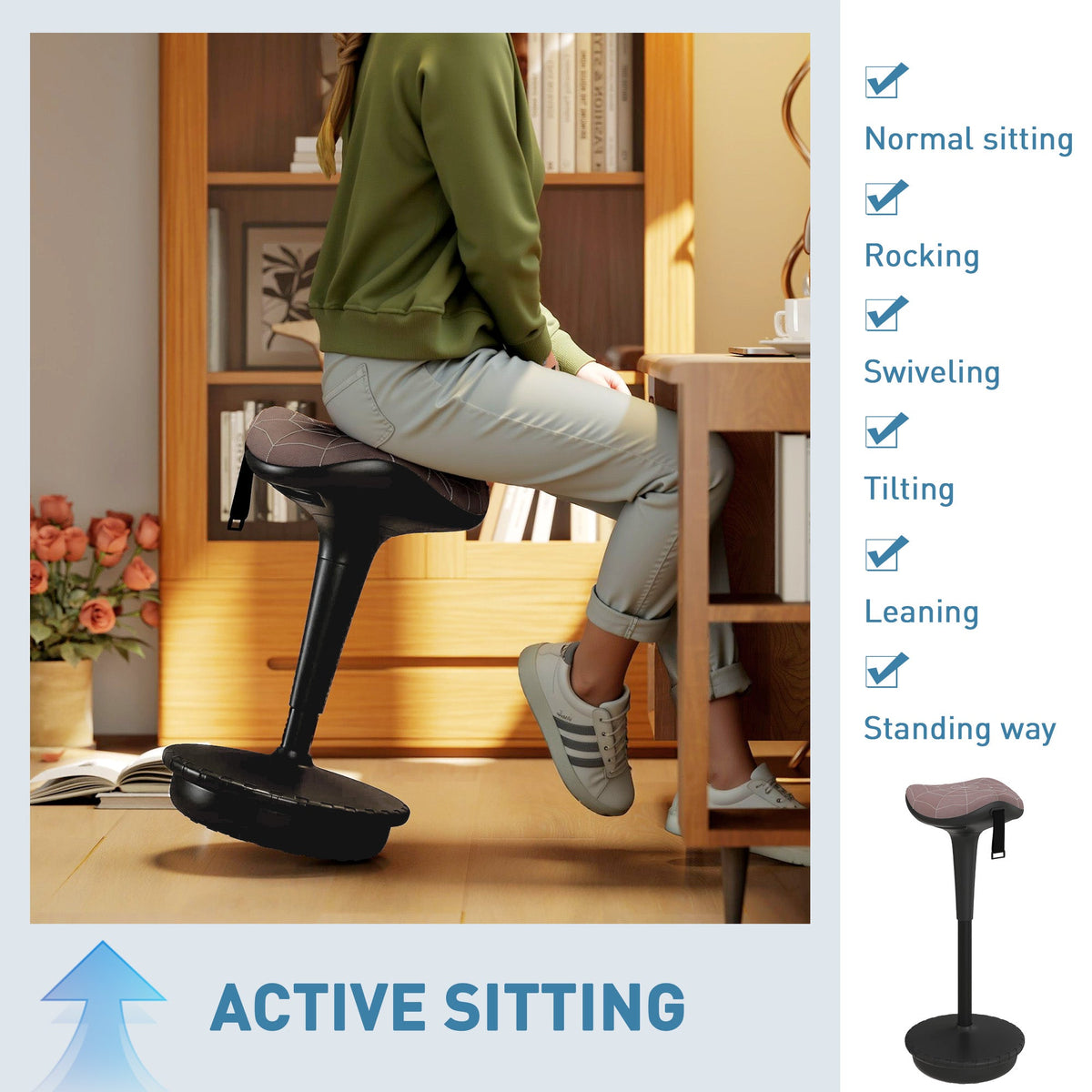 Backless Wobble Stool Chair, Standing Desk Chair, Adjustable Learning Stool for Office Desks, with Rocking Motion, Brown