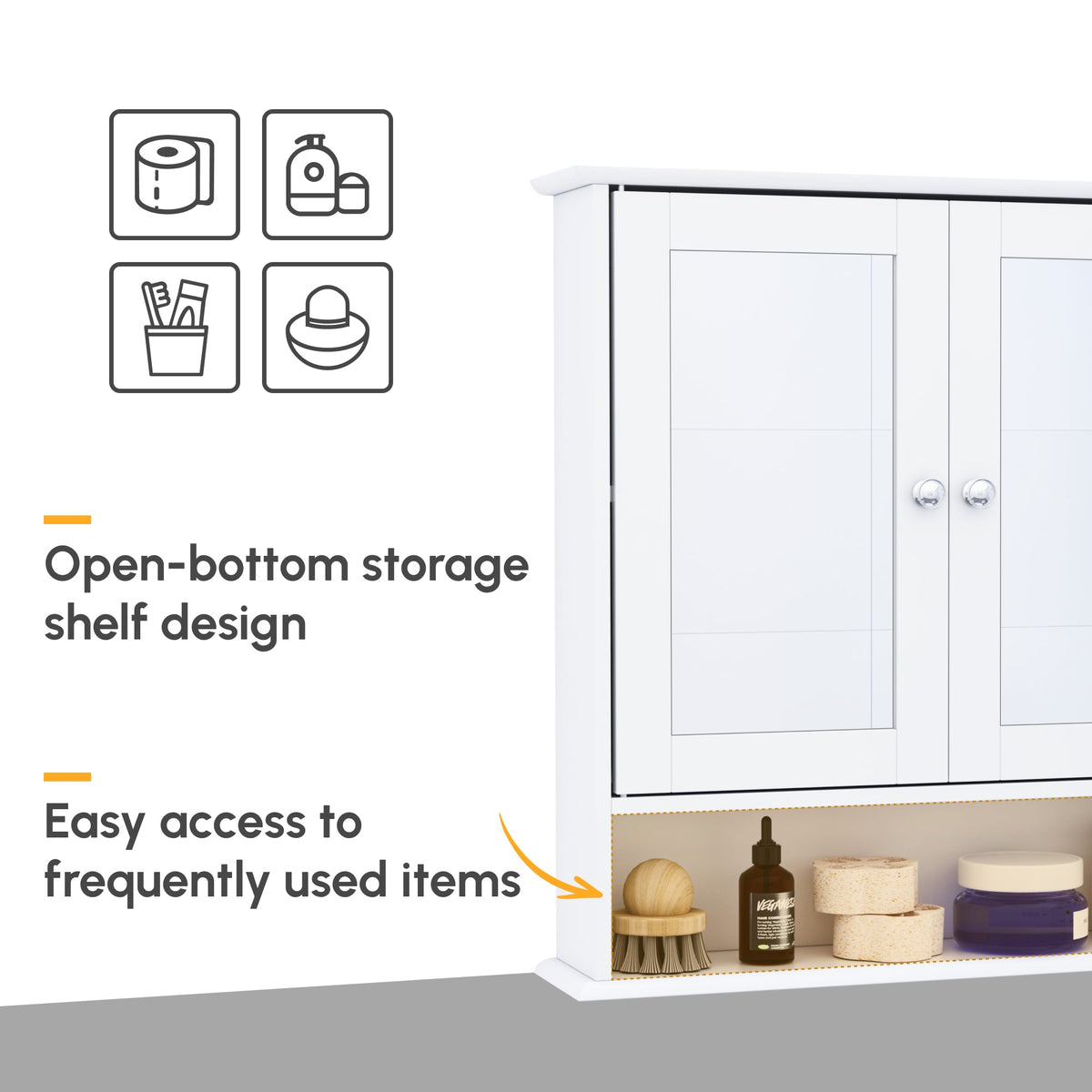 Medicine Cabinet, Wall-Mounted Bathroom Mirror Cabinet with Double Doors, Open Shelf, and Adjustable Shelf, Modern Bathroom Wall Cabinet, White