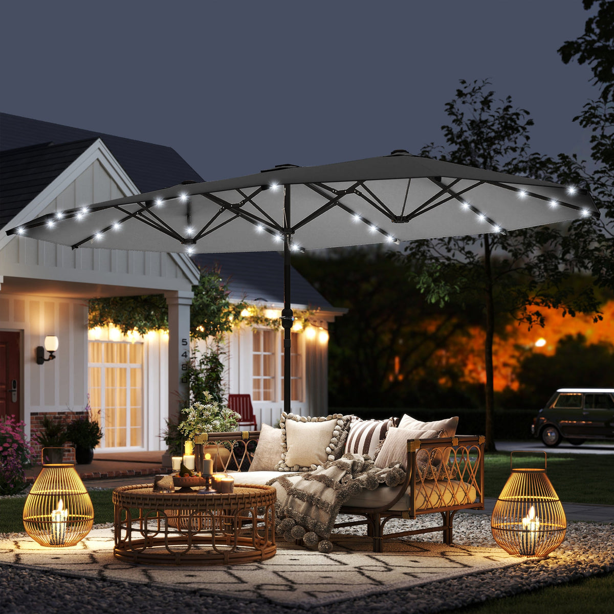 174" Double-Sided Sun Umbrella Garden Parasol Patio Sun Shade Outdoor with LED Solar Light, Khaki