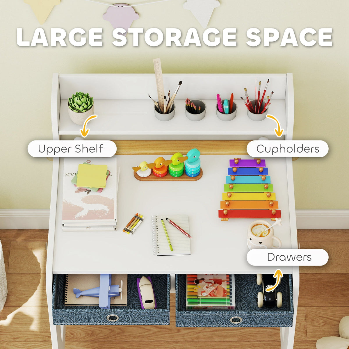Kids Study Table and Chair Set, Art Desk and Chair Set with Storage Shelf and Drawers for 3-8 Year Old