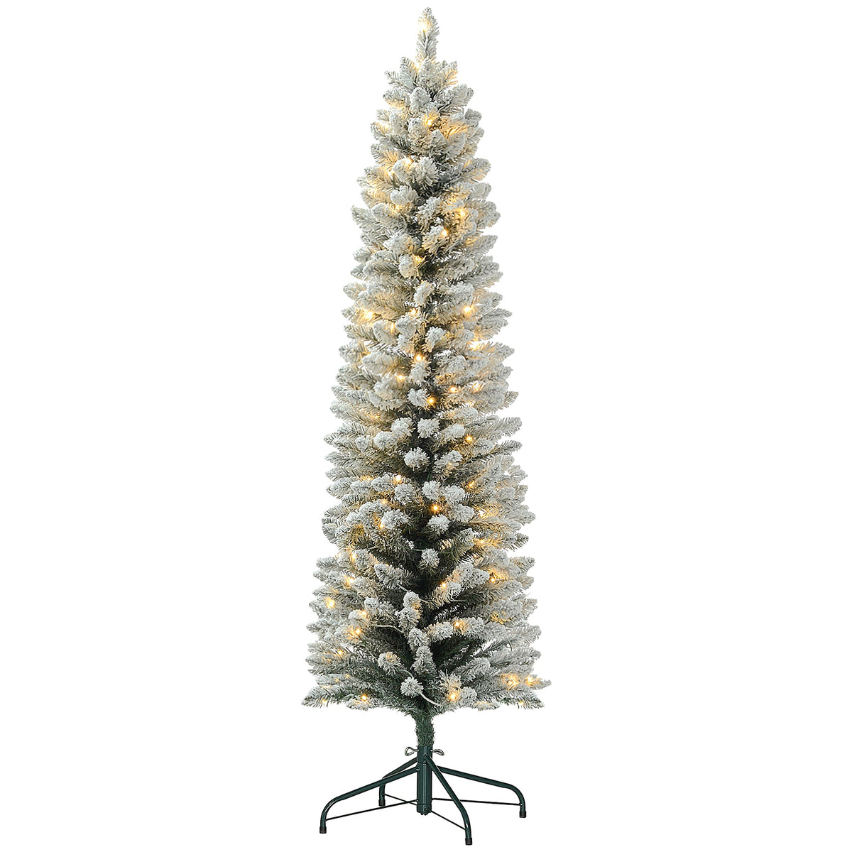 5ft Artificial Prelit Christmas Tree with Warm White LED Light, Snow Flocked Branches, Metal Base, Pencil Xmas Tree