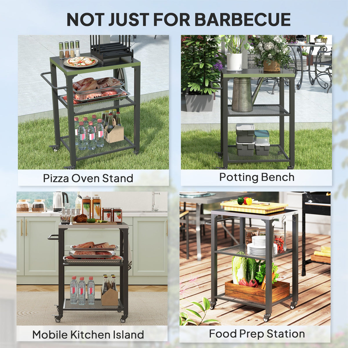 3-Shelf Outdoor Grill Cart Table with Side Handle, Stainless Steel Pizza Oven Stand on Wheels, Black