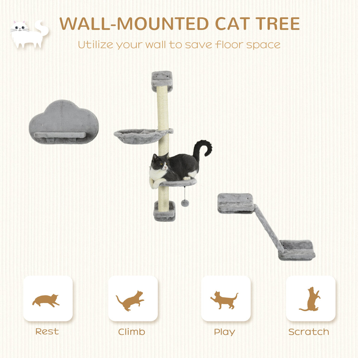 3PCs Cat Shelves with Hammock, Scratching Posts, Platforms, Grey