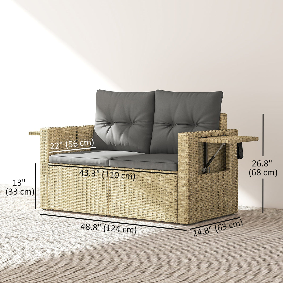 Wicker Outdoor Sofa with Side Trays, Rattan Patio Loveseat with Cushions for Garden Balcony, Light Grey