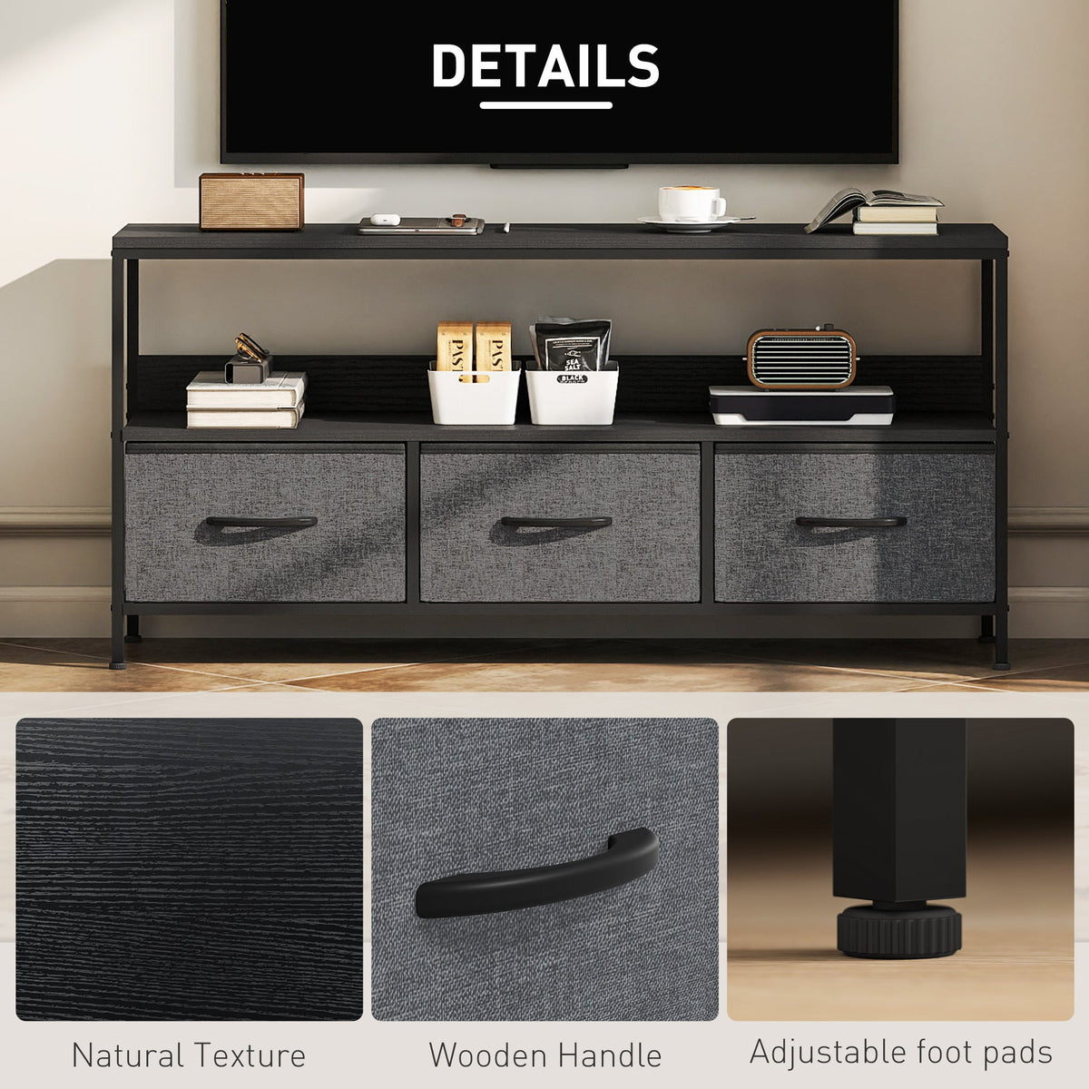 TV Stand with Charging Station, TV Table with 2 Foldable Linen Drawers and Open Shelf for 47 Inch Television, Black