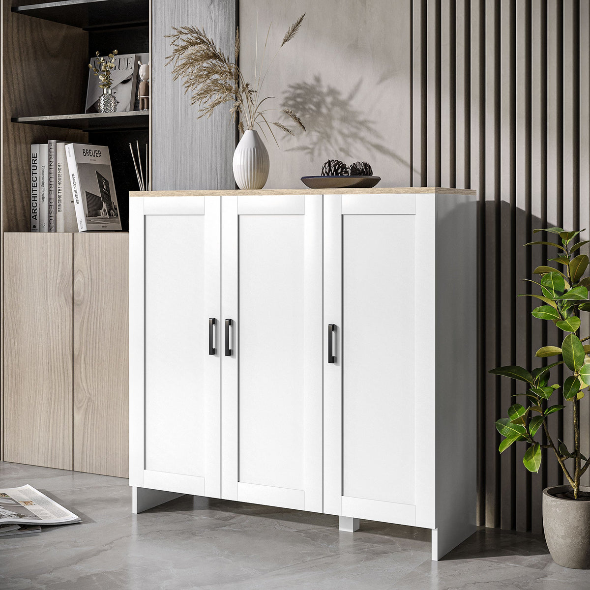 Modern Sideboard Buffet Cabinet, Modern Kitchen Storage Cabinet with 3 Doors Adjustable Shelves, for Dining Room, Black