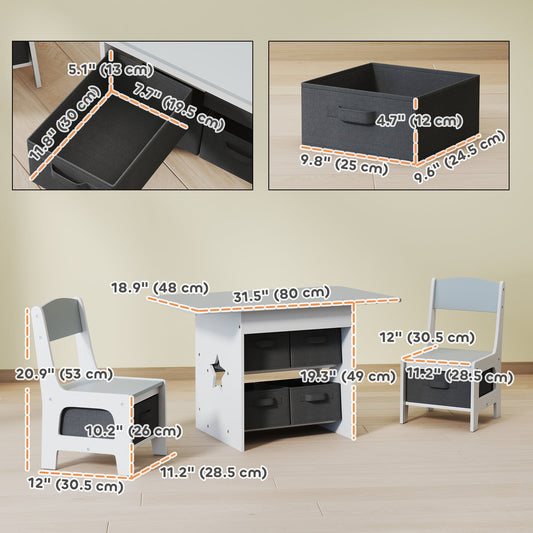 3 Piece Kids Table and Chair Set with 6 Removable Drawers, for Classroom, Living Room, Bedroom, Nursery, Light Grey
