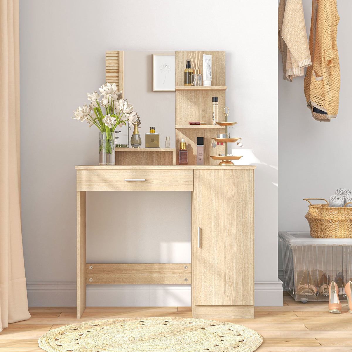Vanity Desk with Mirror, Makeup Vanity w/ Drawer, Open Compartment and Shelves, Cabinet, Adjustable Shelves for Bedroom
