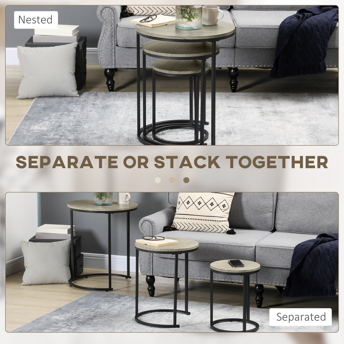 Nesting Tables Set of 3, Round Coffee Table, Stacking Side Tables with Steel Frame for Living Room