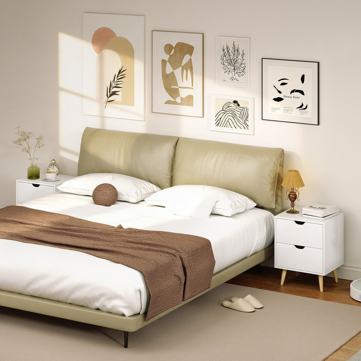 Modern Bedside Table, Nightstand with 2 Drawers and Pine Wood Legs for Bedroom, Living Room, White