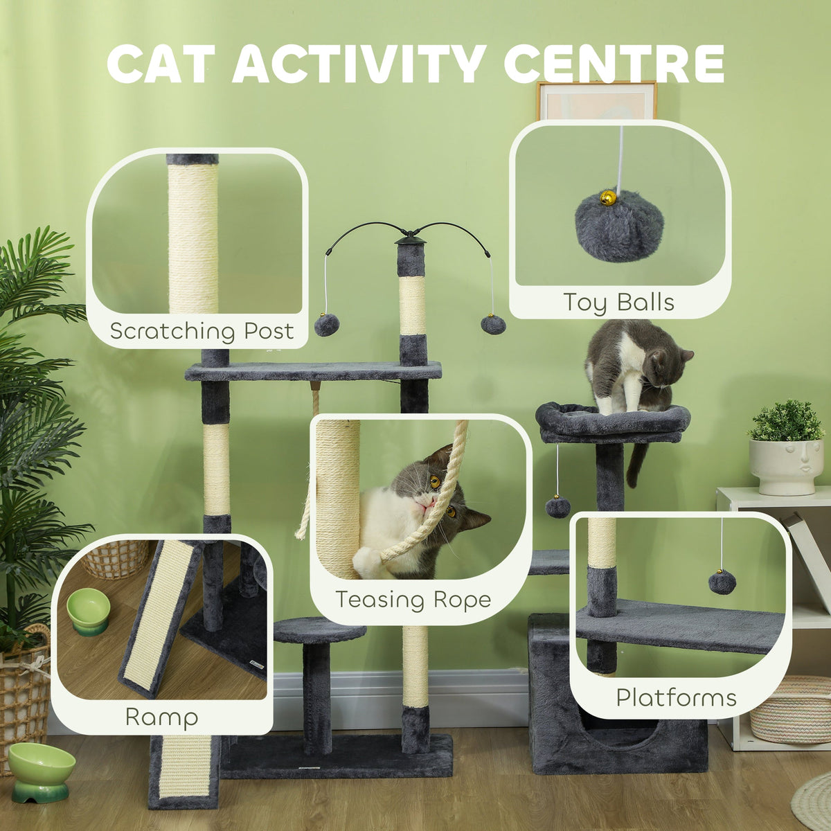 53" Cat Tree, Cat Tower with Scratching Posts, Cat Condo, Beds, Platforms, Toy Balls for Indoor Cats, Dark Grey