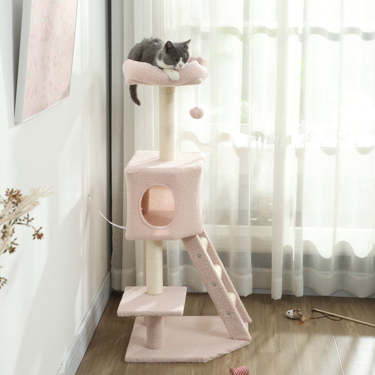 47" Tall Cat Tree Tower with Condo, Ladder, Scratching Posts and Hanging Ball, Light Grey