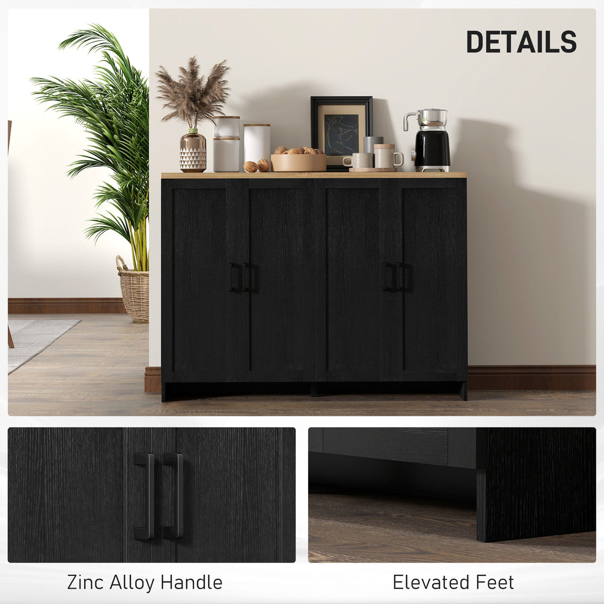 Modern Sideboard Buffet Cabinet, Modern Kitchen Storage Cabinet with 3 Doors Adjustable Shelves, for Dining Room, Black