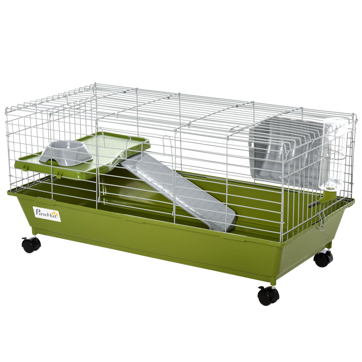 Small Animal Cage, Rolling Bunny Cage, Guinea Pig Cage with Food Dish, Water Bottle, Hay Feeder, Platform, Ramp, Black